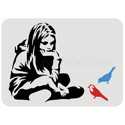 FINGERINSPIRE Banksy Girl with Blue Bird Stencil 29.7x21cm Reusable Banksy Drawing Stencil DIY Craft Banksy Decoration Stencil for Painting on Wall DIY-WH0202-466-1
