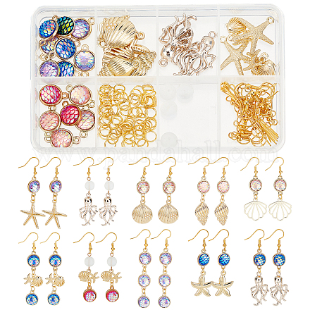 SUNNYCLUE 1 Box DIY 10 Pairs Ocean Theme Charms Starfish Charms Gold Earring Making kit Conch for Jewelry Making Fish Scale Charm Cabochons Jump Rings Starters Adult Women Instruction DIY-SC0018-97-1