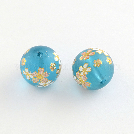 Flower Picture Frosted Glass Round Beads GFB-R004-14mm-F12-1