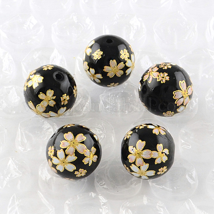 Perles rondes imprimées de motif de fleur rose en verre GFB-R004-10mm-V06-1