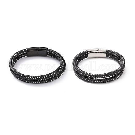 Bracelet double rang cordon tressé en microfibre noir avec 304 fermoirs aimantés en acier inoxydable BJEW-P275-18-1
