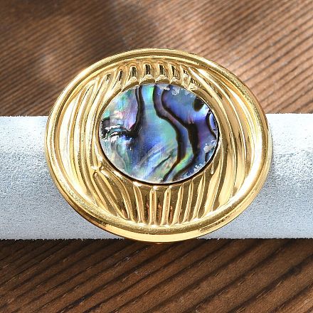 Плоские круглые перстни из ракушки пауа из нержавеющей стали 304 для женщин RJEW-G346-05G-01-1