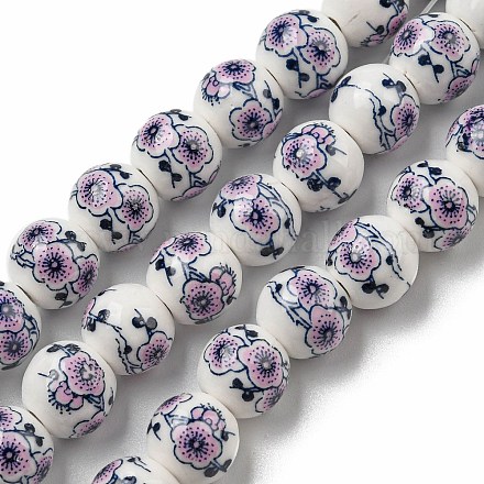 Chapelets de perles en céramique imprimées de fleurs manuelles PORC-M007-10mm-05-1