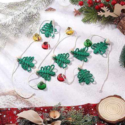 Рождественская елка с подвеской в виде железного колокольчика из хлопкового шнура и деревянных бусин HJEW-JM03924-1