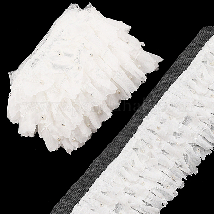 3層ナイロンプリーツレーストリム  プラスチックビーズ付きフリルレースリボン  裁縫や工芸品の装飾用  ホワイト  4-3/8インチ（110mm） OCOR-WH0082-40-1