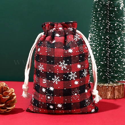 クリスマスをテーマにした黄麻布の巾着バッグ  クリスマスパーティー用品用の長方形のタータンチェックポーチ  レッド  14x10cm XMAS-PW0001-236D-1