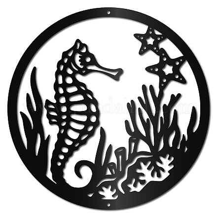 Creatcabin Hippocampe décoration murale en métal hippocampe en métal avec panneau mural corail vie marine étoile de mer sculpture suspendue pour plage maison chambre salon intérieur noël Halloween ornements 11.8x11.8 pouce AJEW-WH0286-038-1