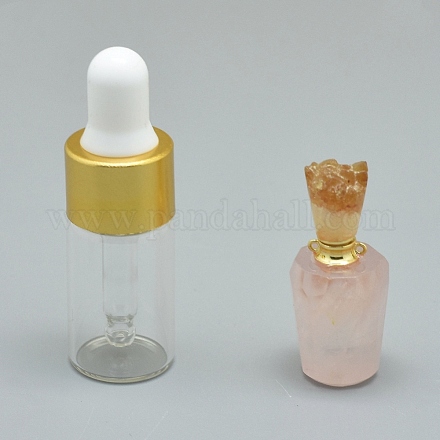 ナチュラルローズクォーツ開閉式香水瓶ペンダント  真鍮のパーツとガラスのエッセンシャルオイルのボトル  30~35x13~15mm  穴：0.8mm  ガラス瓶容量：3ml（0.101液量オンス）  宝石の容量：1ml（0.03液量オンス） G-E556-03D-1
