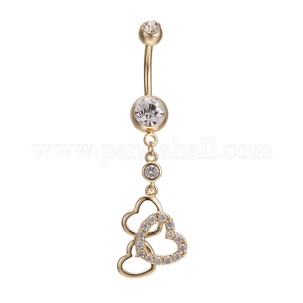 Piercing Jewelry Real 18K Gold Plated Brass Rhinestone Heart to Heart Navel Ring Belly Rings AJEW-EE0001-70B-1