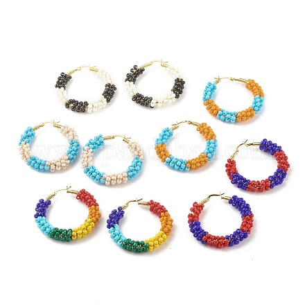 Фарфоровые серьги-кольца с бусинами для женщин EJEW-C003-01-RS-1