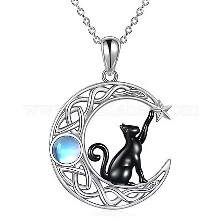 Schwarze Katze Mondstein Halskette Schwarze Katze auf dem Mond Anhänger Halskette Süße Glückskatze Halskette Schmuck Geschenke für Frauen Katzenliebhaber JN1112A-1