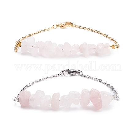 2Pcs 2 Color Natural Rose Quartz Chip Beaded Link Bracelets Set with 304 Stainless Steel Cable Chains BJEW-JB07914-06-1