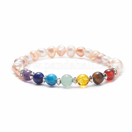 Bracciale elasticizzato con perline rotonde in pietre dure miste naturali e sintetiche con perla naturale BJEW-JB08038-01-1