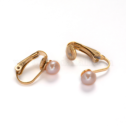 Golden Tone 304 Stainless Steel Freshwater Pearl Clip-on Earrings EJEW-M188-09B-1