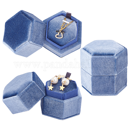 六角ベルベットリングボックス  アクセサリー用  ライトスチールブルー  6.5x5.6x6.2cm VBOX-WH0012-001-1