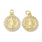 Brass Micro Pave Cubic Zirconia Pendants, Rack Plating, Flat Round with Virgin Mary, Lead Free & Cadmium Free, Long-Lasting Plated, with Jump Ring, Real 18K Gold Plated, 18x15x3mm, Hole: 3.4mm