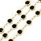 Brass Link Chains, with Glass, Soldered, Cadmium Free & Nickel Free & Lead Free, with Spool, Flat Round, Black, 12x6.5x3mm, about 32.81 Feet(10m)/Roll
