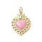Eco-Friendly Rack Plating Brass Micro Pave Cubic Zirconia Pendants, with Enamel & Jump Ring, Long-Lasting Plated, Lead Free & Cadmium Free, Sacred Heart Charm, Real 18K Gold Plated, Pearl Pink, 23x16.5x4mm, Hole: 3.4mm