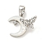 Brass Micro Pave Clear Cubic Zirconia Pendants, with Shell, Moon with Butterfly, Platinum, 13x15.5x6.5mm, Hole: 4x2mm