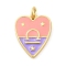 Brass Enamel Pendants, with Jump Ring, Real 14K Gold Plated, Heart with Twelve Constellations Charm, Libra, 19x14.5x2mm, Hole: 3mm