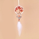 天然赤瑪瑙チップ フラット ラウンド ツリー オブ ライフ ペンダント装飾付き  家庭用羽付き織ネット/ウェブ  車のインテリアオーナメント  350x70mm TREE-PW0003-05-1