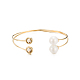 Women's Trendy Brass Double Flat Round Glass and Plastic Pearl Cuff Torque Bangles BJEW-BB16078-1