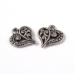 Tibetan Style Filigree Alloy Heart Charms, Cadmium Free & Lead Free, Antique Silver, 14x13x3mm, Hole: 1.5mm, about 1100pcs/1000g