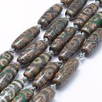 Natural Agate Tibetan Style 3-Eye dZi Beads Strands, Dyed & Heated, Rice, Coffee, 29~30.5x9~12mm, Hole: 2.5mm, about 10pcs/strand, 13.7inch~14.2inch