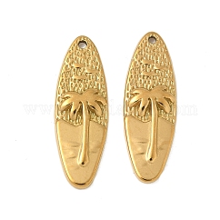 Anhänger aus Edelstahl 304, oval mit Kokosnussbaum-Anhängern, Ionenbeschichtung (ip), echtes 18k vergoldet, 30x10x2.5 mm, Bohrung: 1.2 mm