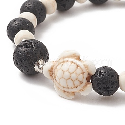 Braccialetto elasticizzato da donna con perline di tartaruga sintetica tinta turchese (tinta) e pietra lavica naturale&nbsp;BJEW-JB09229-01