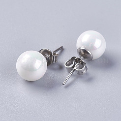 電気メッキシェルパールボールスタッドピアス  304ステンレススチール製金具付き  ホワイト  20x8mm  ピン：約0.6mm&nbsp;EJEW-I209-04-8mm
