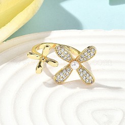 Кольца-манжеты из латуни с микропаве из кубического циркония и имитацией жемчуга&nbsp;LS-RJEW-D307-02G-A