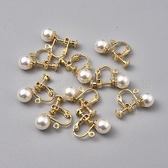 真鍮製クリップ式イヤリングパーツ  アクリルイミテーションパールとループ付き  穴開けないイヤリング  18KGP本金メッキ  16x20x8mm  穴：1.5mm  ビーズ：8mm&nbsp;KK-WH0033-35G