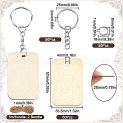 50 подвеска из натурального необработанного дерева тополя с 50 железными разъемными кольцами для ключей с 50 соединительными кольцами из нержавеющей стали 304 с 2 пучками 2-слойного джутового шнура&nbsp;DIY-SP0001-67A