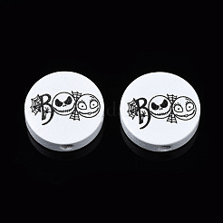 ハロウィンプリント天然木ビーズ  単語ブーとフラットラウンド  ブラック  19~20x5.9mm  穴：2~2.2mm&nbsp;WOOD-T021-85