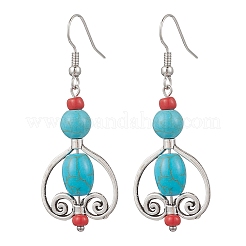 Овальные серьги-подвески из синтетической бирюзы в тибетском стиле&nbsp;EJEW-JE06575-1