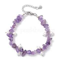 Браслеты из круглых бусин с натуральным аметистом и стеклянными ракушками BJEW-JB12303-02
