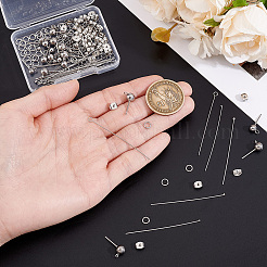 304ステンレススチール製ボールポストスタッドピアス金具、フラットヘッドピン、ボールヘッドピン、アイピン、丸カン  201ステンレス製イヤーナット  ステンレス鋼色  15x5x3mm  穴：1.5mm&nbsp;STAS-BBC0010-38P