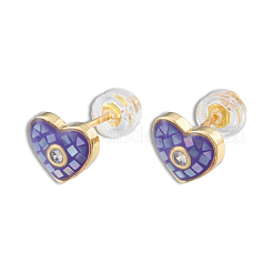 Orecchini a bottone con conchiglia naturale e smalto a cuore con zirconi&nbsp;EJEW-N011-79A