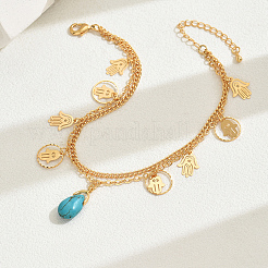 Двухслойные браслеты на ногу из богемской латуни и синтетической бирюзы с подвеской в виде капли хамсы&nbsp;NG3881