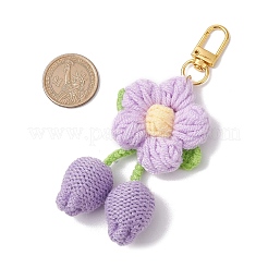 手作りかぎ針編みのコットン製桜の花の吊り飾り  合金回転式ナスカン付き  ライラック  95~118mm&nbsp;HJEW-JM02667-04
