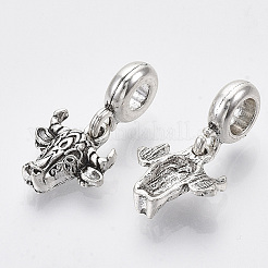 合金ヨーロッパダングルチャーム  大穴ペンダント  牛の頭  アンティークシルバー  24mm  穴：5mm  牛：13.5x13.5x4.5mm&nbsp;X-MPDL-T004-20AS