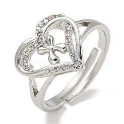 Регулируемые кольца из латуни с микро-паве в форме сердца и стойки для писем для женщин с прозрачным фианитом&nbsp;RJEW-I105-01P-W