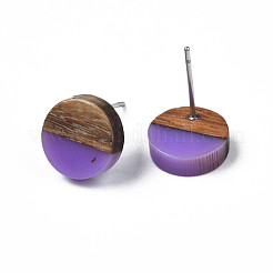 Orecchini a bottone in resina opaca e legno di noce&nbsp;EJEW-N017-008-B09