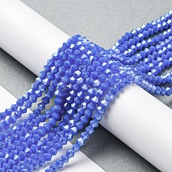 不透明なソリッドカラーの電気めっきガラスビーズ連売り  パール光沢メッキ  多面カット  双円錐形  ミディアムブルー  4x4mm  穴：0.8~1mm  約75~78個/連  28~29cm&nbsp;EGLA-A039-P4mm-A11