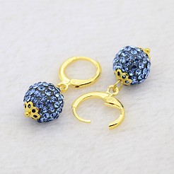 (ジュエリーパーティー工場販売)ダングリングラウンドボール樹脂ラインストーンイヤリング  金メッキ真鍮レバーバックフープピアスセッティング  ライトサファイア  30mm  ピン：1mm&nbsp;EJEW-J080-04G