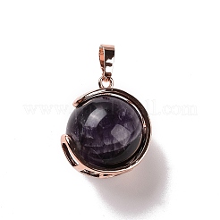 天然石アメジストペンダント  ローズゴールドトーンの真鍮パーツが付いたボール球チャーム  24x21x18mm  穴：8x5mm&nbsp;G-A212-01RG-02