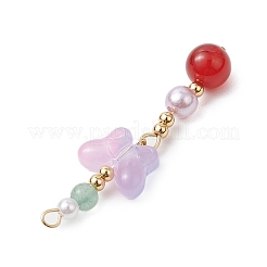 天然カーネリアンとガラスのペンダント  蝶  金色の真鍮トーンループ付き  ライラック  47x14.5x8mm  穴：1.6mm&nbsp;PALLOY-JF03192-09