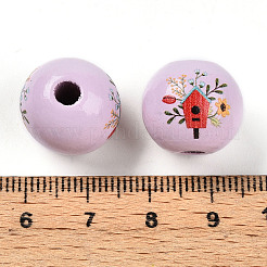 イースターテーマのプリントウッドビーズ  ラウンド  アザミ  14.5~15x15.5~16.5mm  穴：4~4.5mm&nbsp;WOOD-T032-22Q