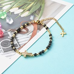 女の子の女性のためのクロスキュービックジルコニアビーズブレスレット  ナチュラルオブシディアン＆ブラスビーズブレスレット  ゴールドカラー  7-5/8インチ（19.5cm）&nbsp;BJEW-JB06848-03